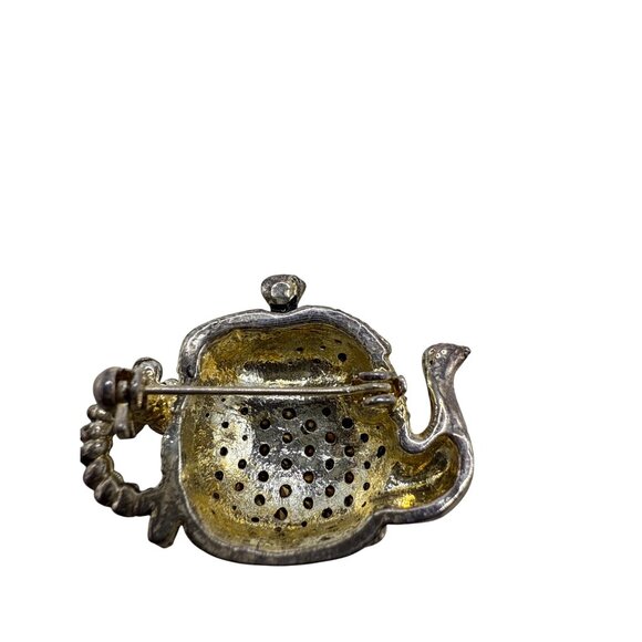 Rhinestone-Encrusted Teapot Brooch Pin With Flower Handle Silver-Tone & Black De - Picture 5 of 5